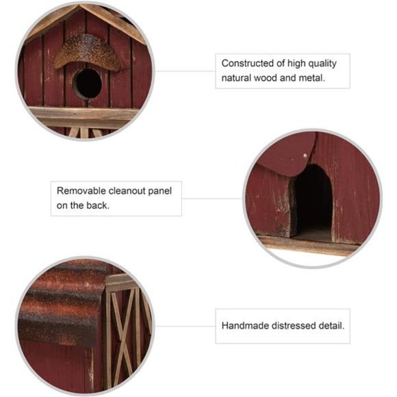10.25" Hanging Birdhouse Rustic Wooden Barn Garden Bird House for Outdoor - Picture 6 of 6